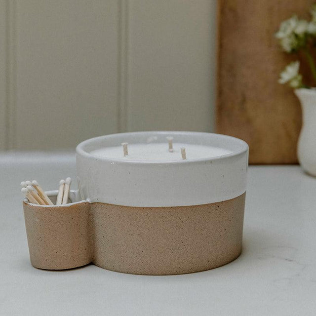 Two Toned Ceramic Candle with Match Holder - Lemon & Lavender - The Blossomist