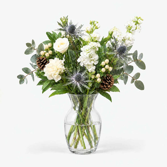 The Pine Letterbox Christmas flowers with cream carnations, white lisianthus and pine