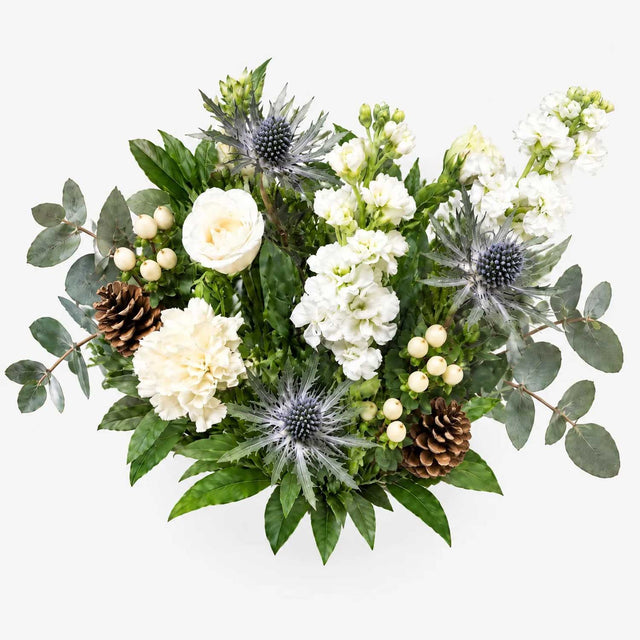Letterbox flower gift with eucalyptus, blue eryngium and golden solidago