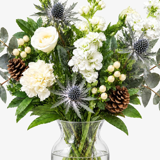 Close-up of white stocks and lisianthus in The Pine Letterbox bouquet