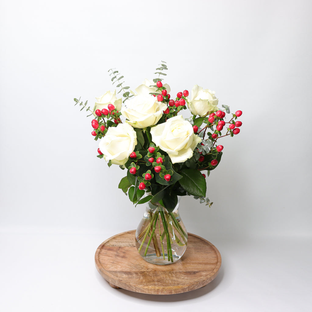 White Roses, Hypericum and Eucalyptus