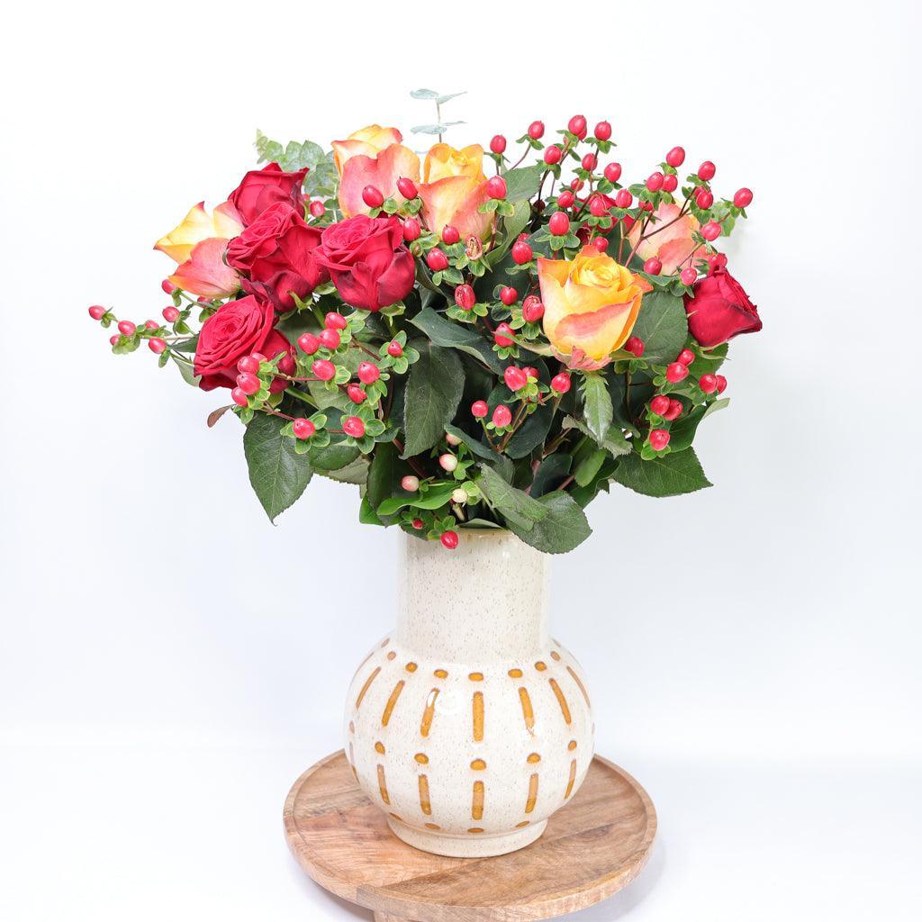 Roses, Hypericum and Eucalyptus