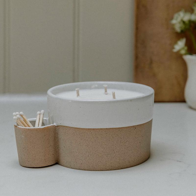 Two Toned Ceramic Candle with Match Holder - Lemon & Lavender