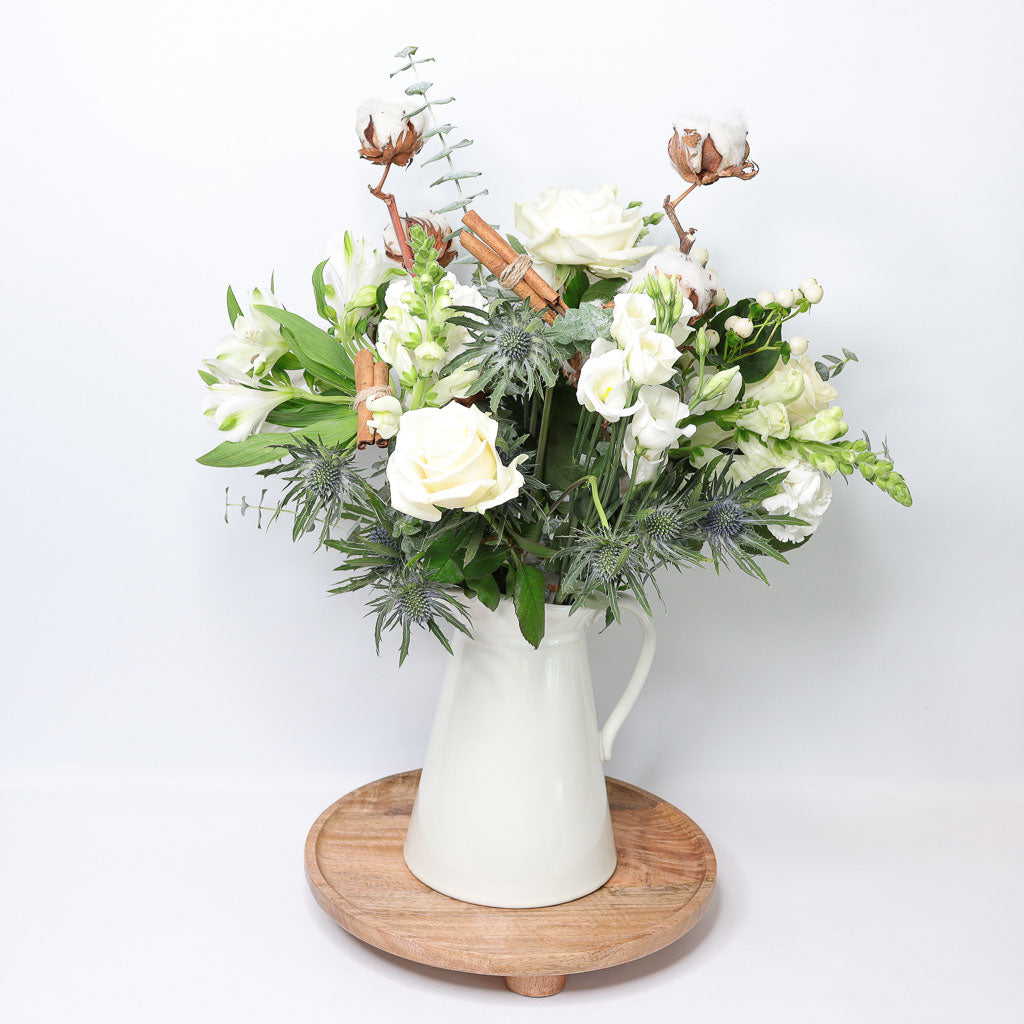 White Roses, Lisianthus, Hypericum, Snapdragons and Eucalyptus