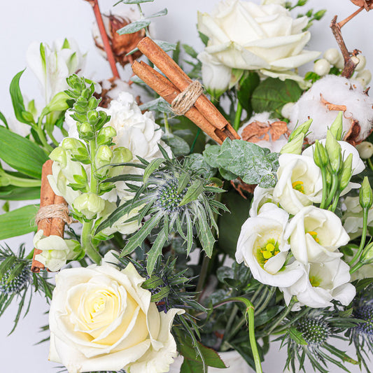 White Roses, Lisianthus, Hypericum, Snapdragons and Eucalyptus