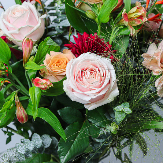 Festive Roses, Amaranthus, Carnations, Alstroemeria and Chrysanthemums.