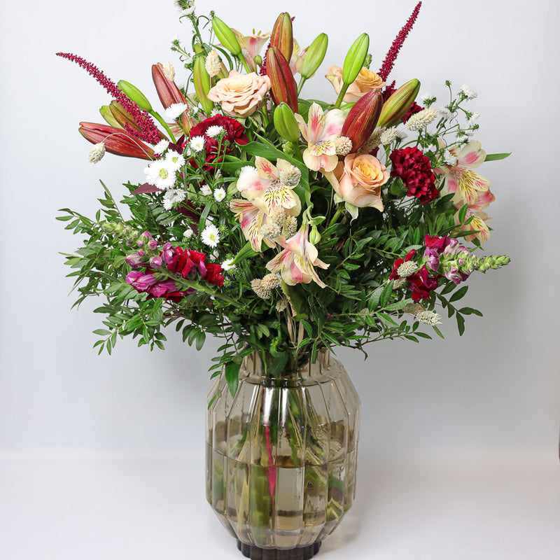 Red Lillies, Coffee Roses, Amaranthus and Snapdragons