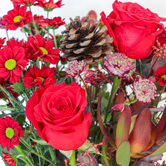 Red Roses, Astrantia and Hypericum Festive Bouquet