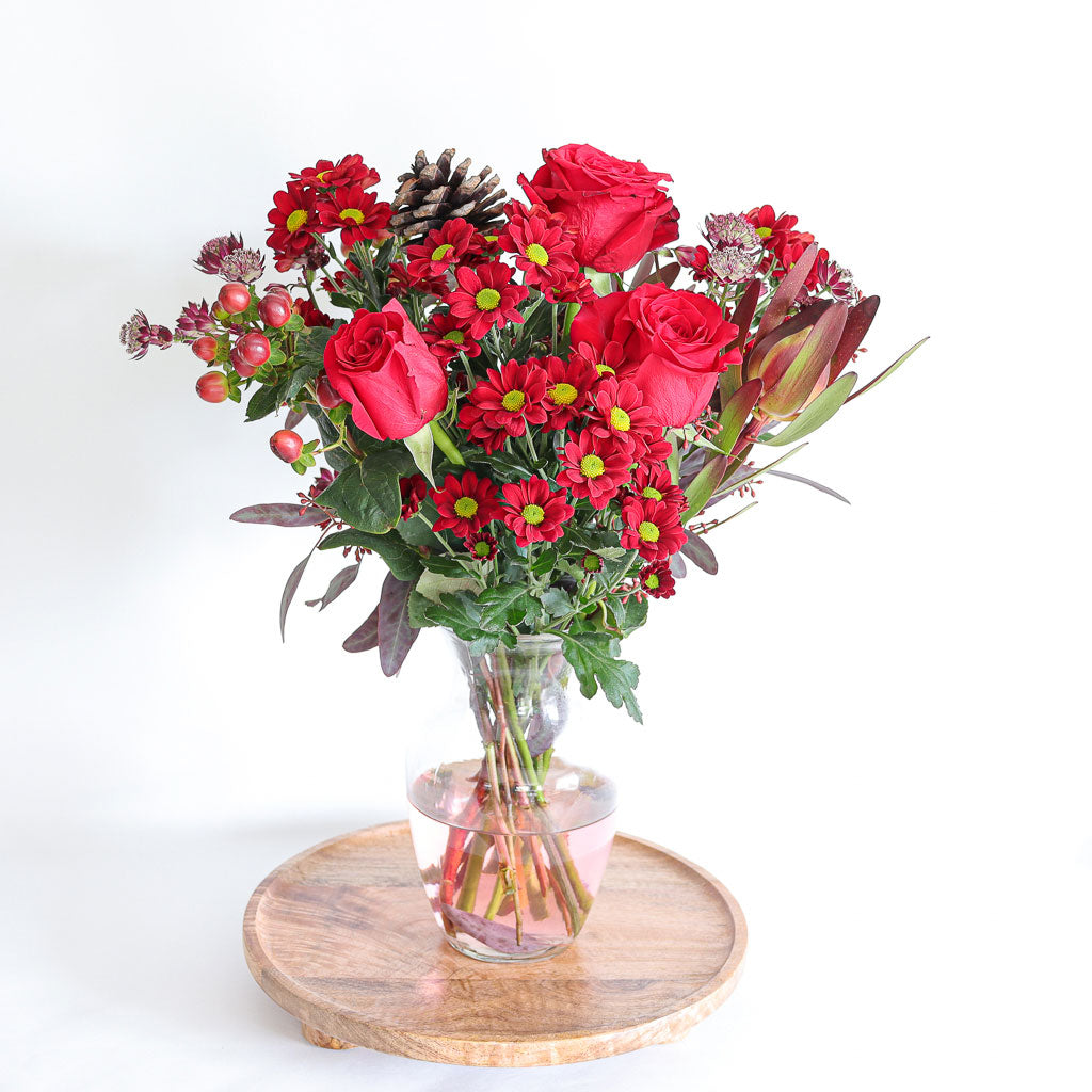 Red Roses, Astrantia and Hypericum Festive Bouquet