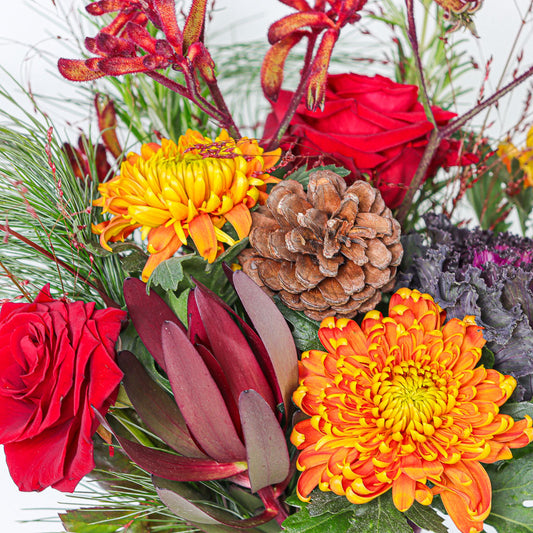 Festive Brassica, Red Roses and Chrysanthemums