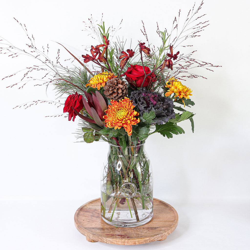 Festive Brassica, Red Roses and Chrysanthemums