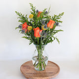 Orange Roses, Craspedia, Solidago and Eryngium