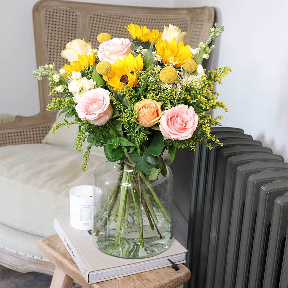 Sunflower Bouquet with Pink and Apricot Roses