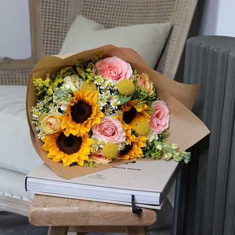 Sunflower Bouquet with Pink and Apricot Roses