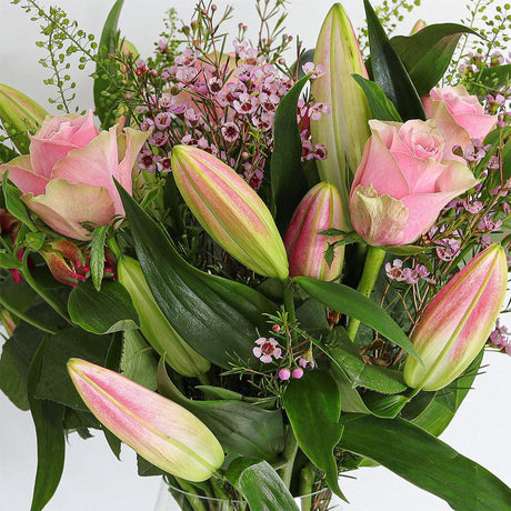 Pink Lilies, Pink Roses, Alstroemeria and Waxflower Large Bouquet