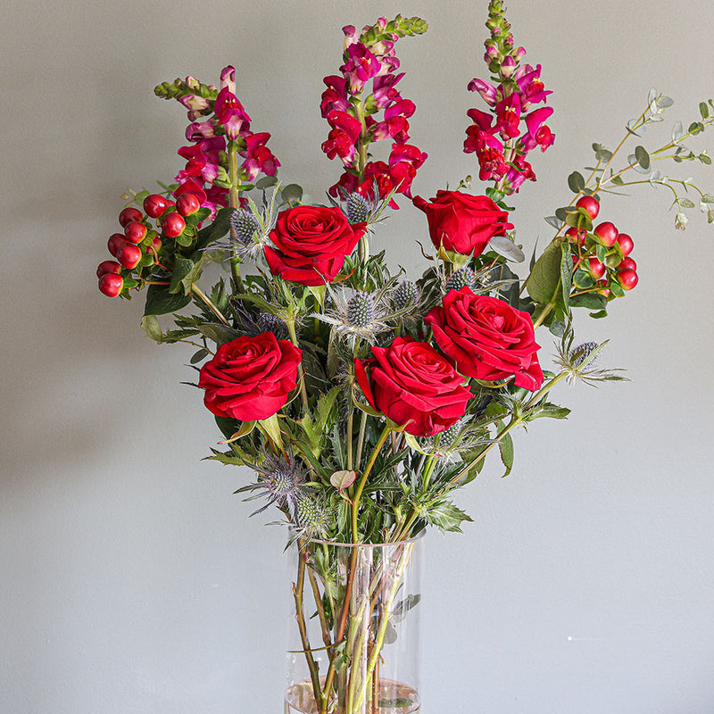 Red Roses, Eryngium, Snapdragons