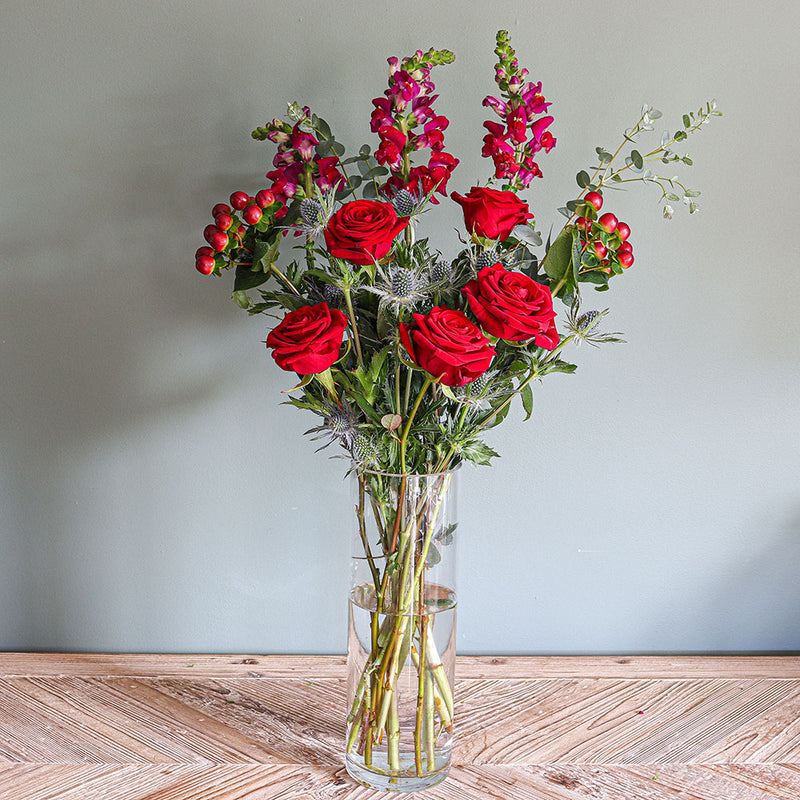 Red Roses, Eryngium, Snapdragons