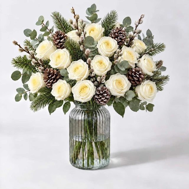 Luxury Christmas White Rose Bouquet and Vase